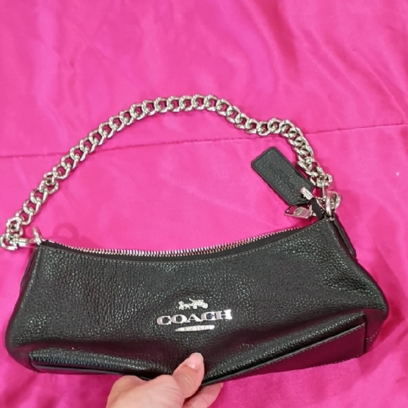 Coach Black Leather Shoulder Bag with Silver Chain